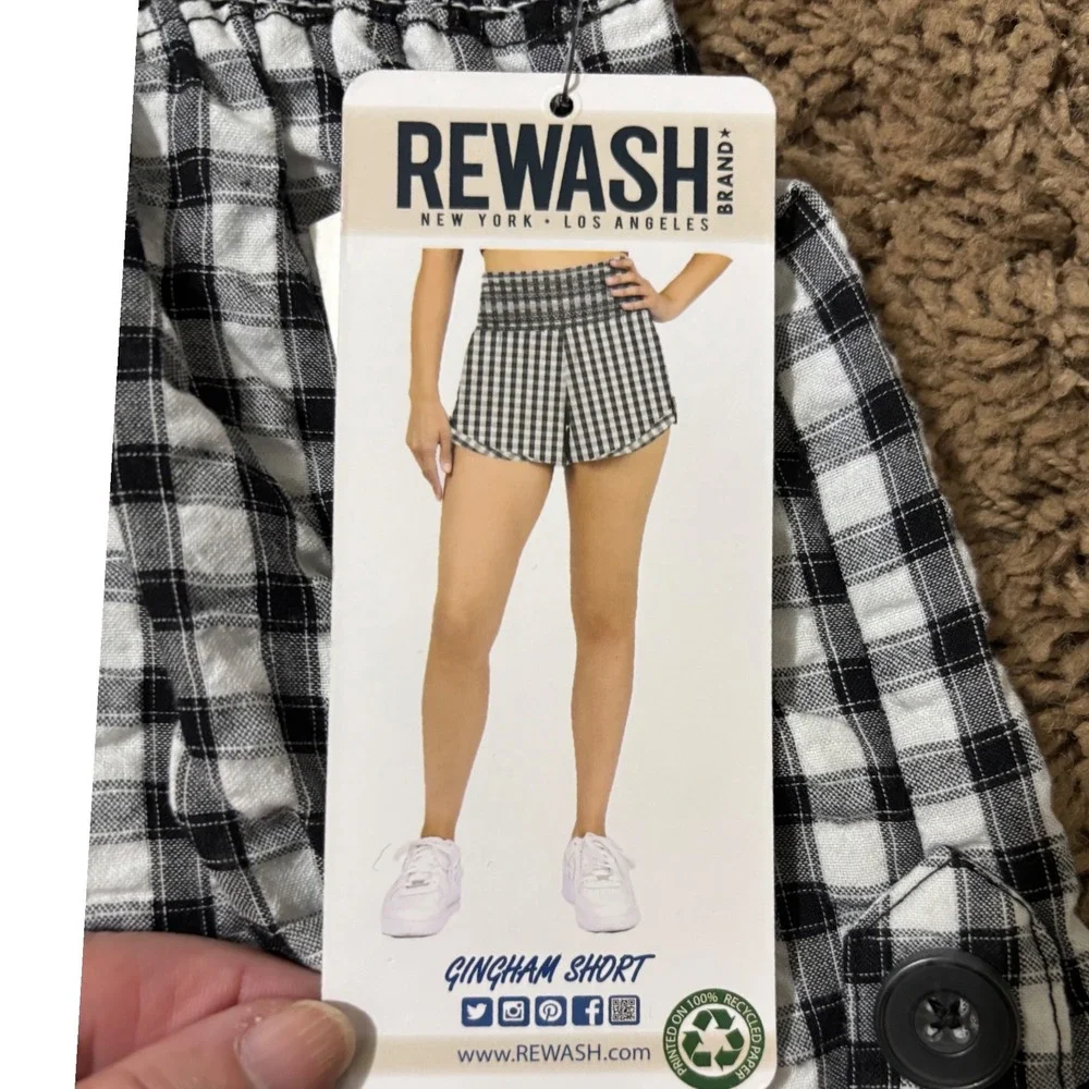 Rewash Brand Womens Gingham Smocked‎ High Waist Shorts Black White Retro Boho XS